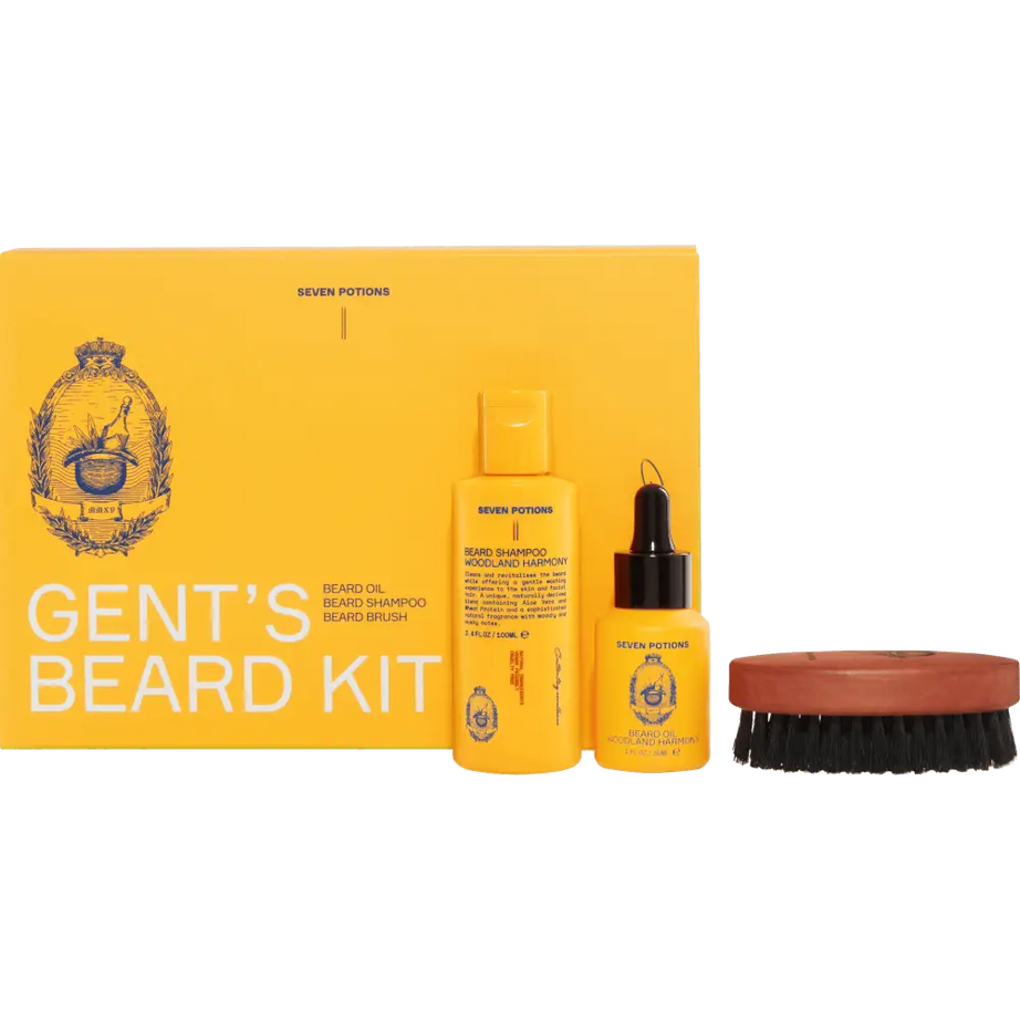 Seven Potions Beard Grooming Set - Beard Oil, Shampoo, Brush